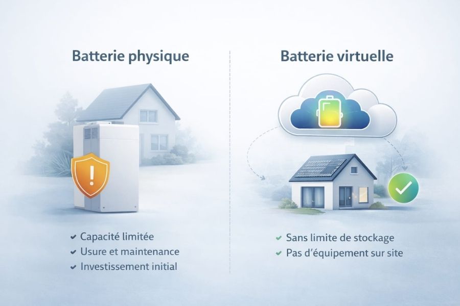 Comparaison entre batterie physique et batterie virtuelle solaire, sans équipement de stockage installé sur site