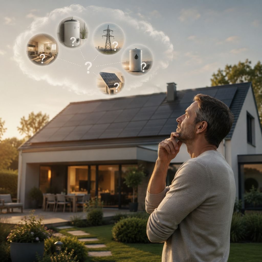 Homme hésitant dans son jardin face à une toiture équipée de panneaux solaires, choix entre batterie virtuelle solaire et vente du surplus EDF OA