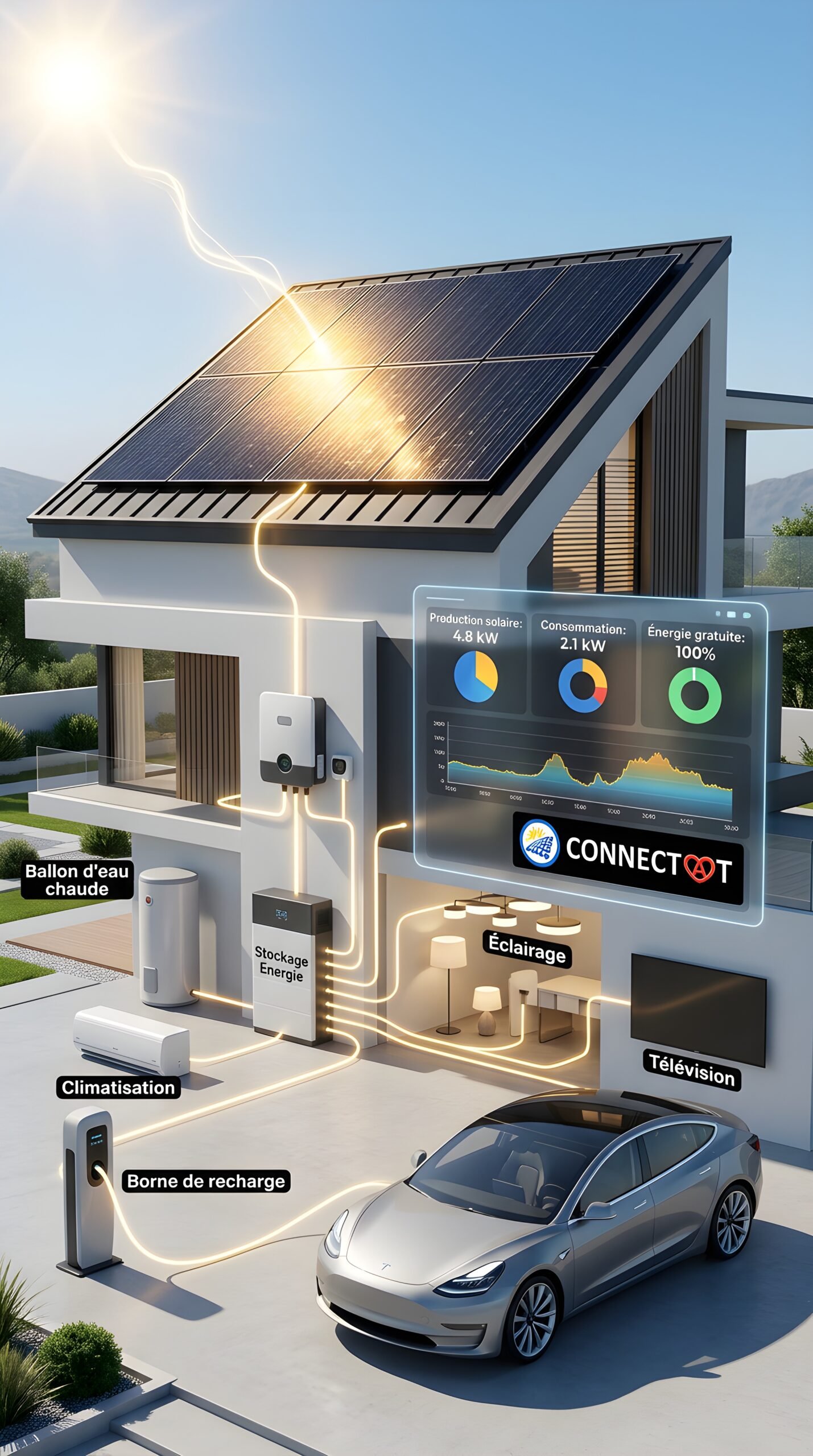 Autoconsommation photovoltaïque en Alsace avec panneaux solaires sur maison et flux d’électricité vers le logement