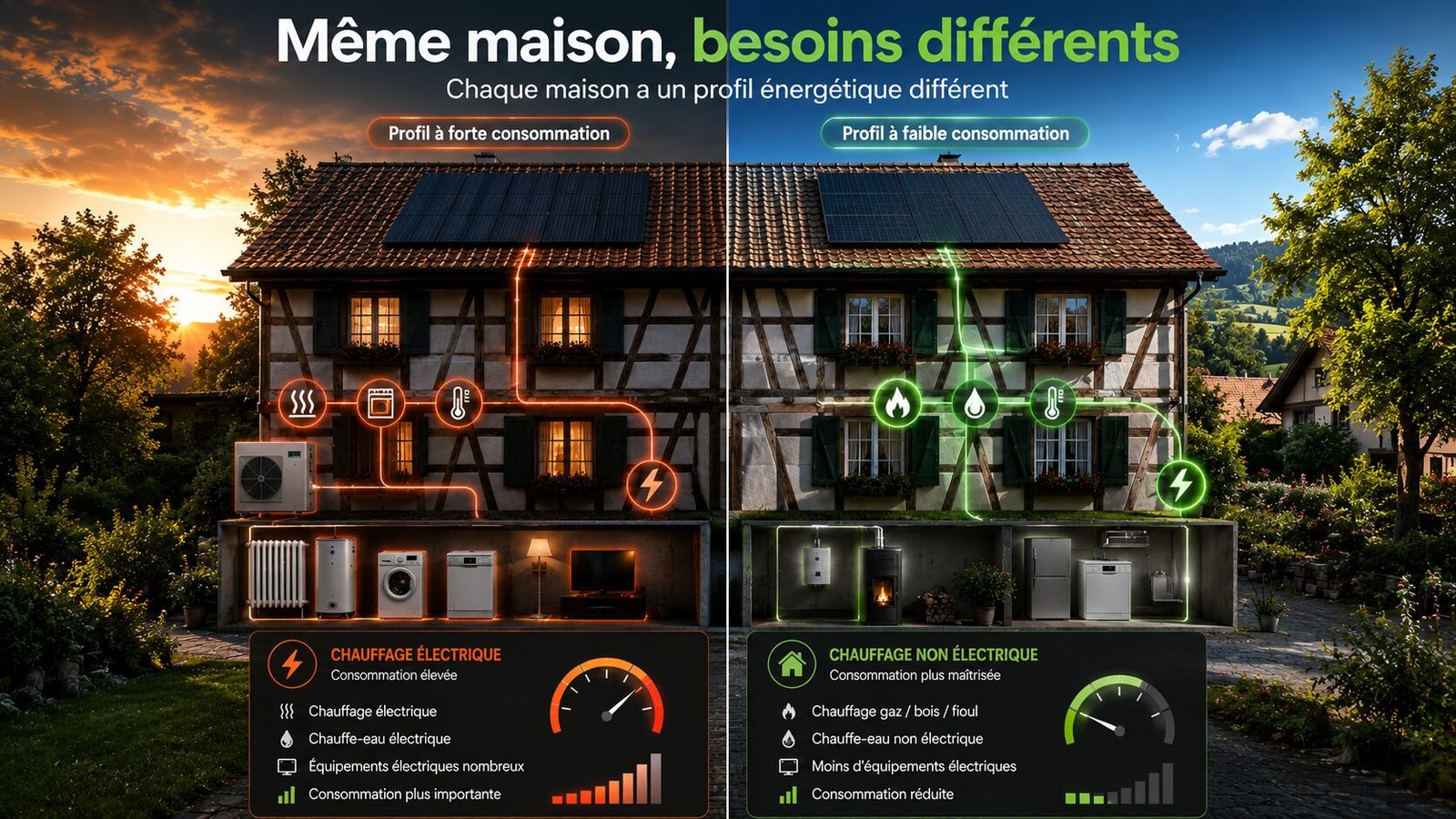 Maison alsacienne avec profil de consommation énergétique différent selon le chauffage