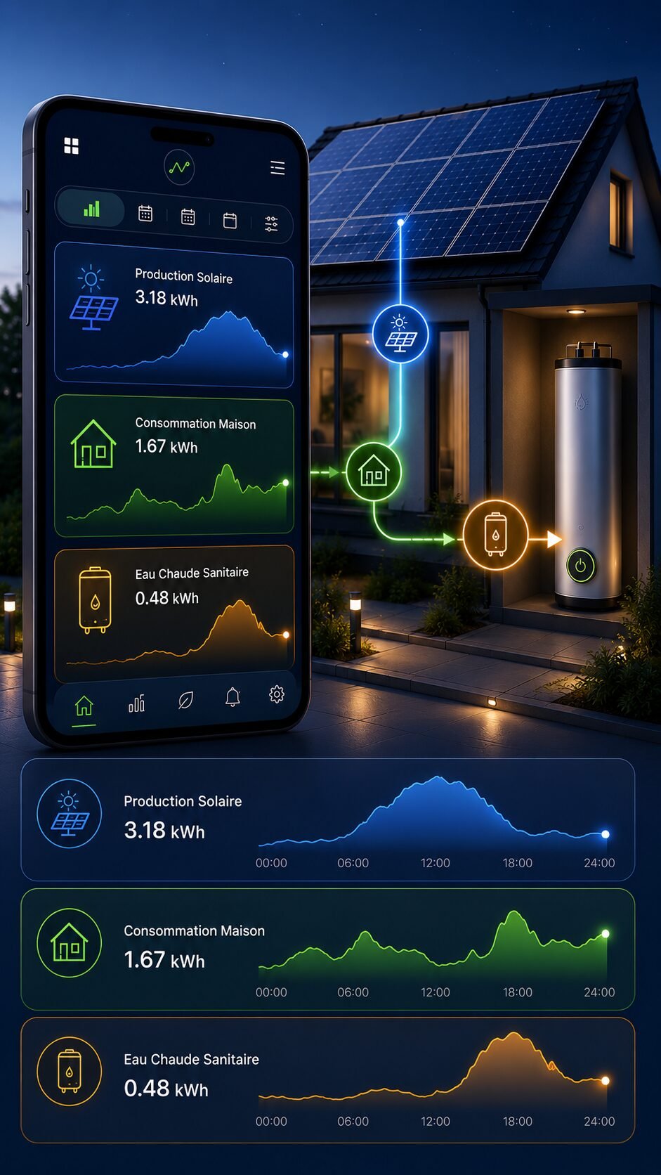 Application de suivi du pilotage chauffe-eau avec production panneaux photovoltaïques consommation maison et ballon d’eau chaude