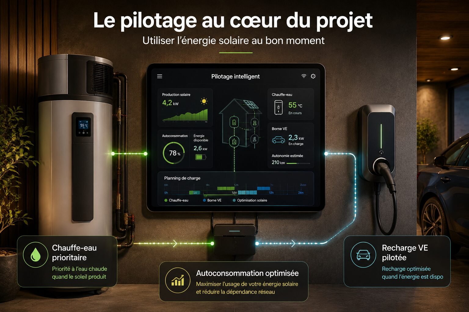 Pilotage photovoltaïque du chauffe-eau et de la borne de recharge pour véhicule électrique