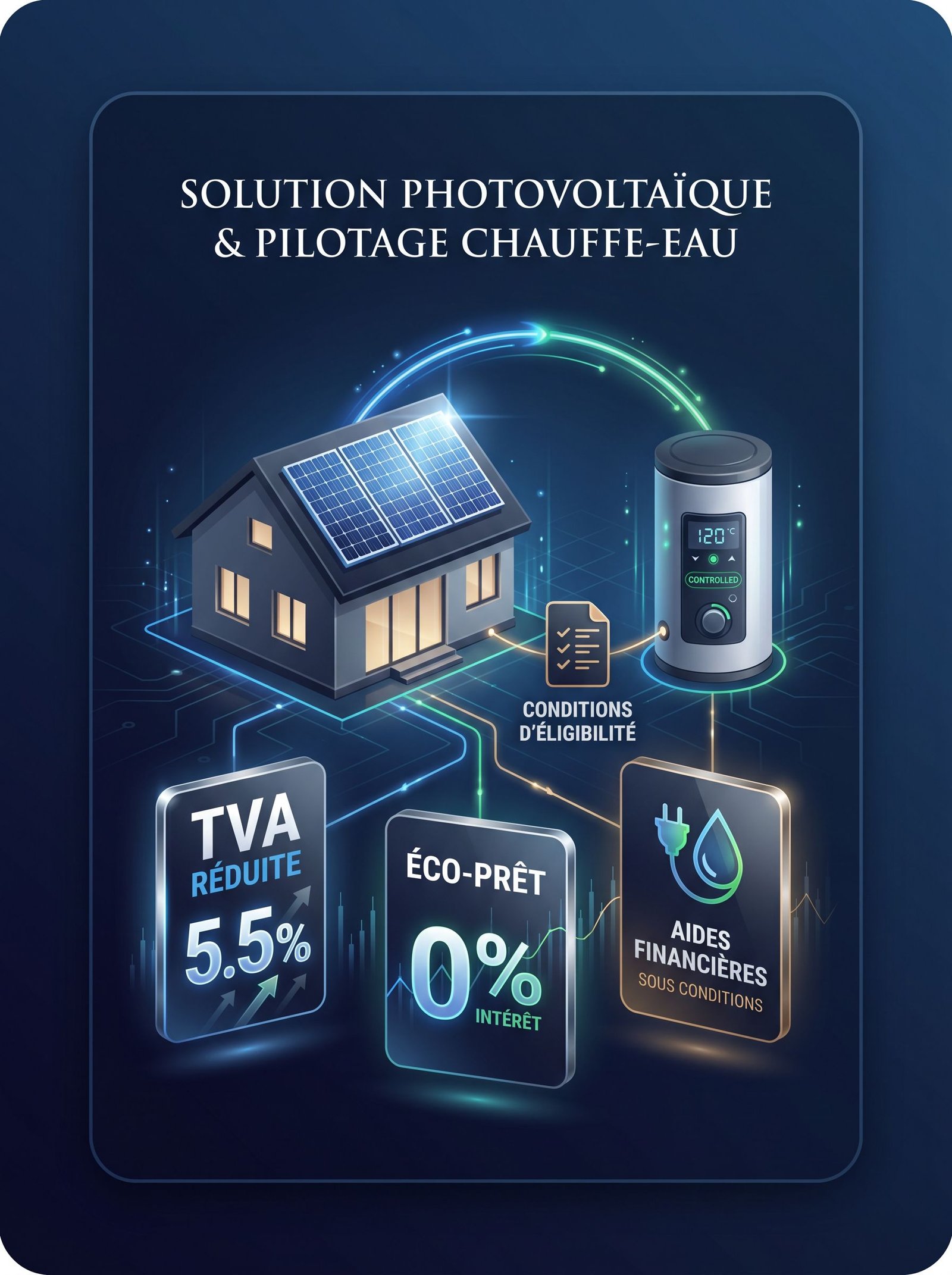 TVA réduite et éco-PTZ pour une installation de panneaux photovoltaïques avec pilotage chauffe-eau
