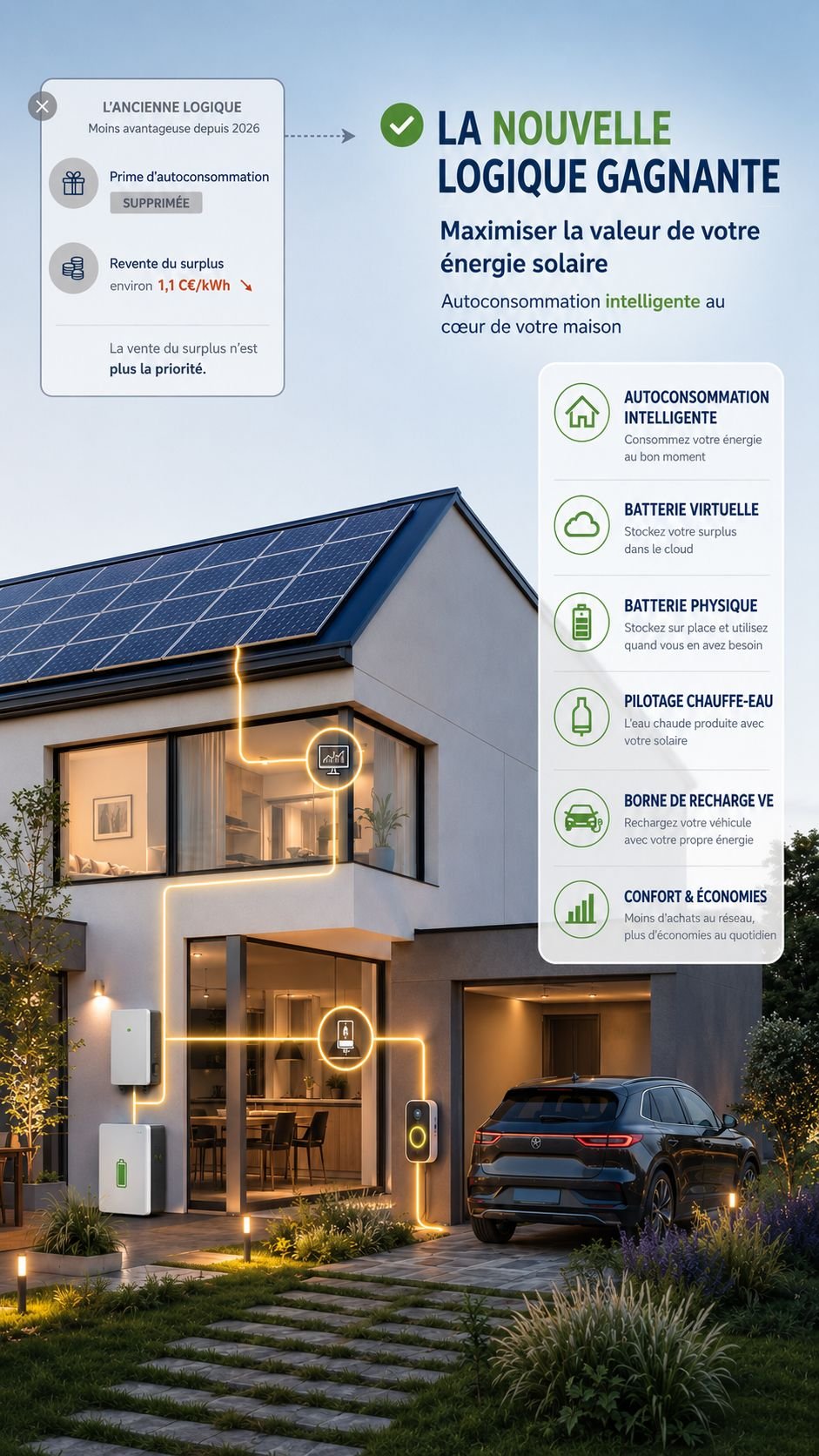 Maison moderne avec panneaux photovoltaïques illustrant la nouvelle logique d’autoconsommation intelligente en 2026