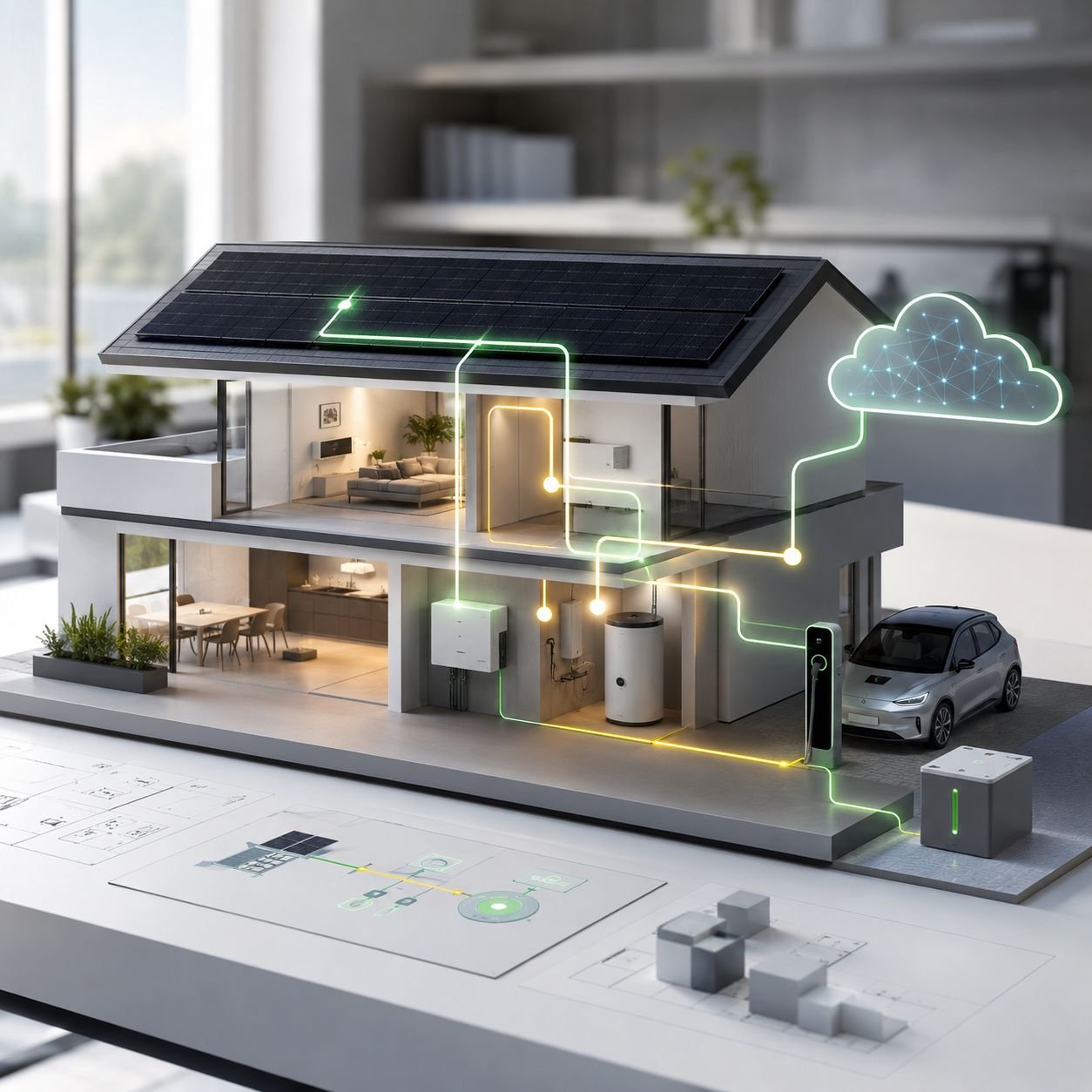 Maquette énergétique d’une maison moderne avec flux photovoltaïques vers autoconsommation, surplus, batterie virtuelle et stockage physique