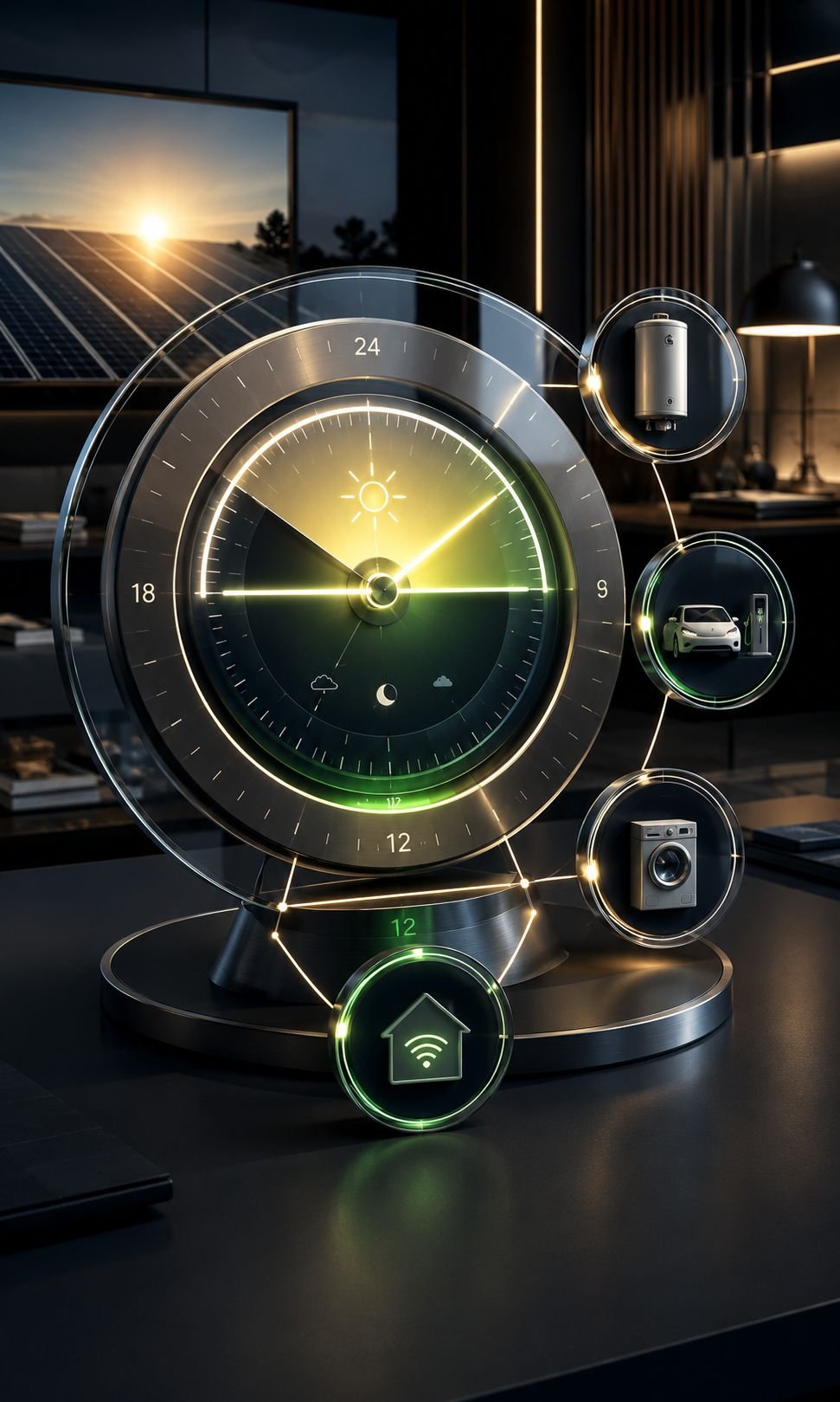 Horloge énergétique abstraite montrant le pilotage des usages pour utiliser la production photovoltaïque au bon moment