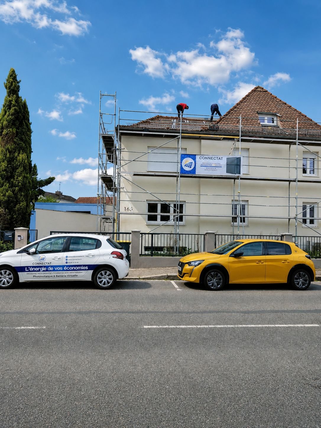 Maison alsacienne avec échafaudage, véhicule CONNECTAT et préparation de chantier photovoltaïque