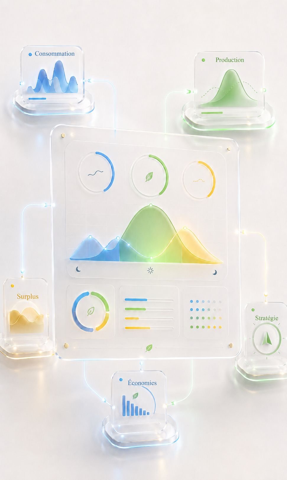 Illustration abstraite d’une simulation personnalisée pour choisir une stratégie d’autoconsommation photovoltaïque