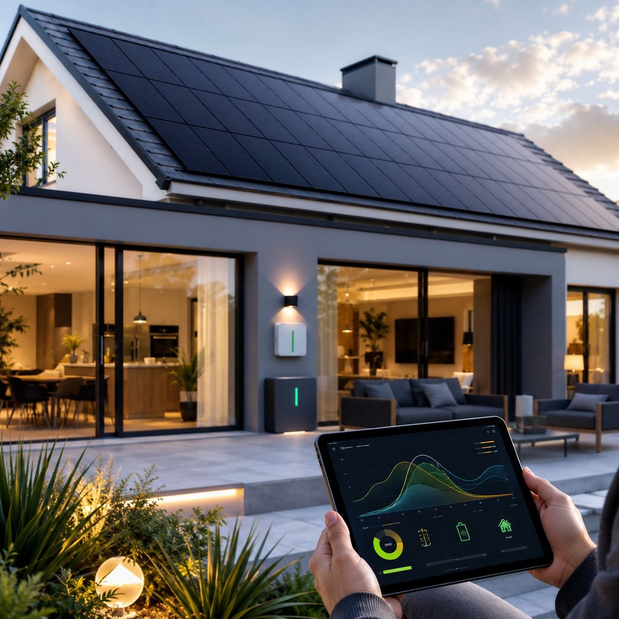 Maison moderne équipée de panneaux photovoltaïques avec interface de suivi d’autoconsommation après le nouveau cadre EDF OA