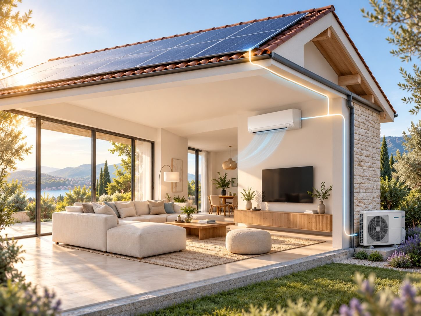 Maison équipée de panneaux photovoltaïques et d’une climatisation réversible pour favoriser l’autoconsommation électrique