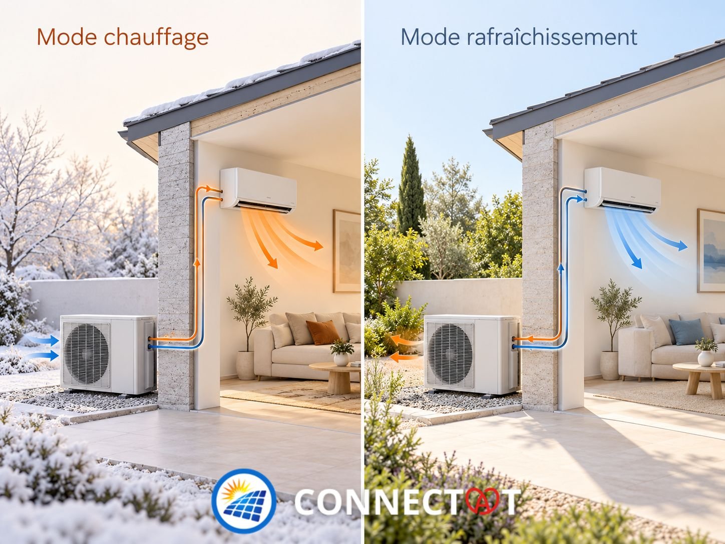 Schéma de fonctionnement d’une climatisation réversible air-air avec unité extérieure et unité intérieure en mode chauffage et en mode rafraîchissement