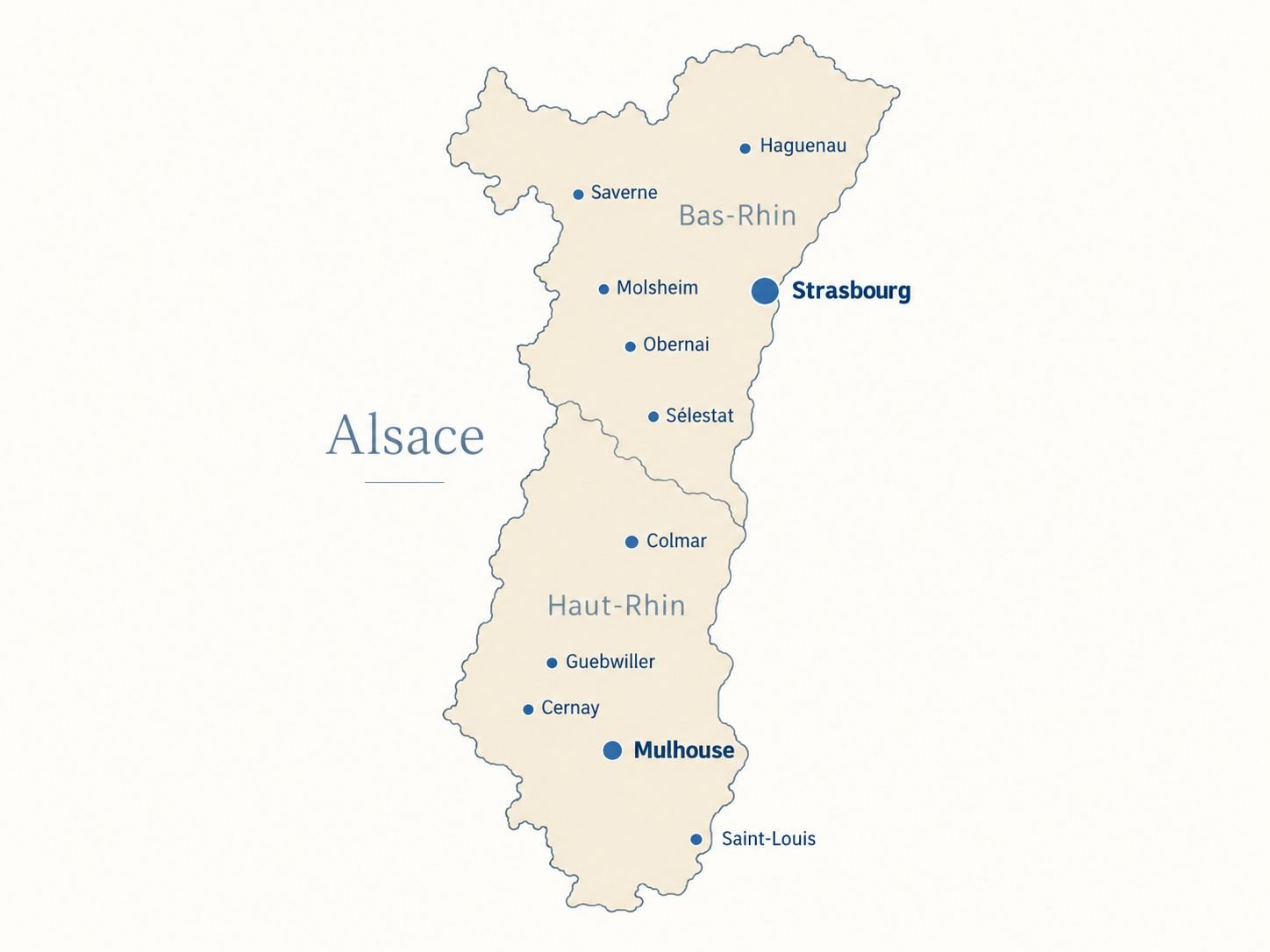 Carte des zones d’intervention en climatisation de CONNECTAT en Alsace, dans le Bas-Rhin et le Haut-Rhin